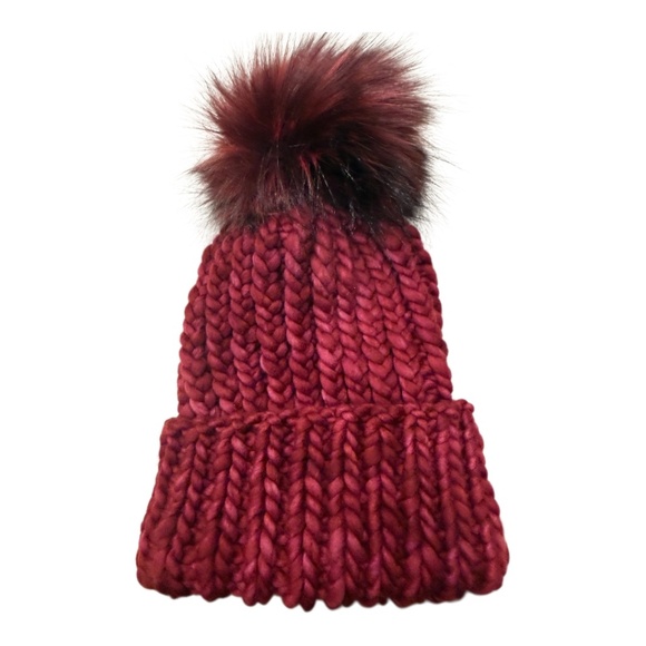Handmade Accessories - OOAK - deep red knit hat w/ faux fur pom -  pagoda colorway